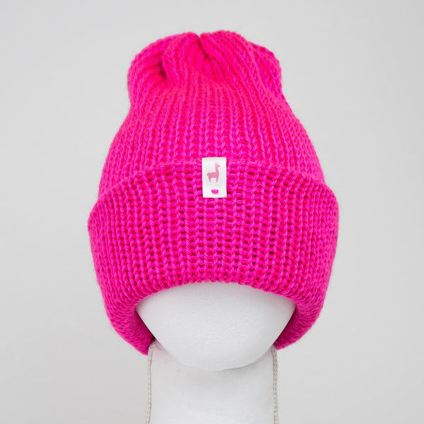 Vibrant Neon Pink Knitted Beanie | Cozy Winter Hat | Unisex Cuff Style by LLASI